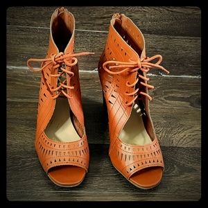 Tan color lace up sandals with wedged heel